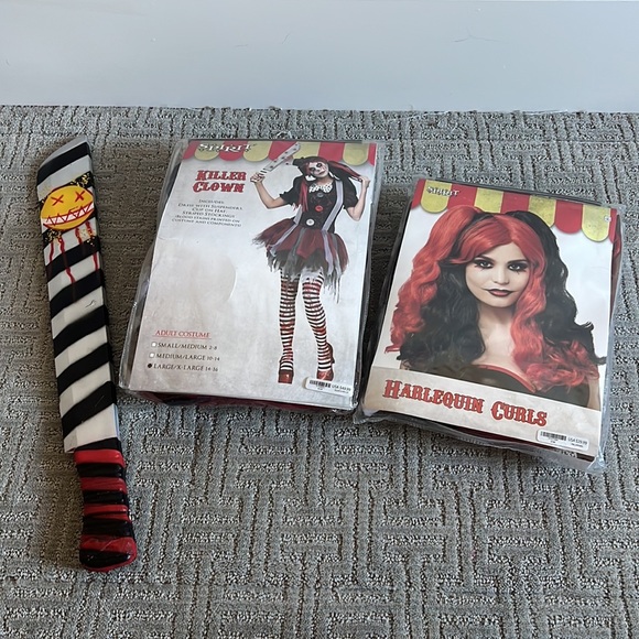 Spirit Halloween Killer Clown Harlequin Curls Wig and costume with machete - Picture 2 of 7